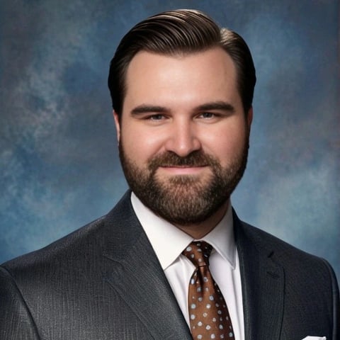 Professional headshot of a bearded man in a charcoal suit, white dress shirt, and patterned brown tie against a blue background